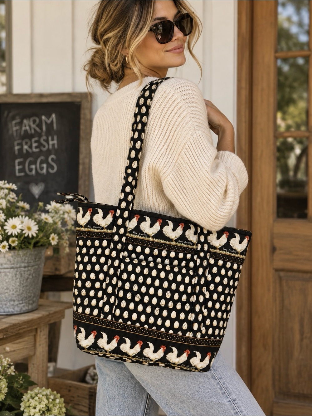 Vintage Vera Bradley Black Chicken Egg Print Quilted Tote Shoulder Bag